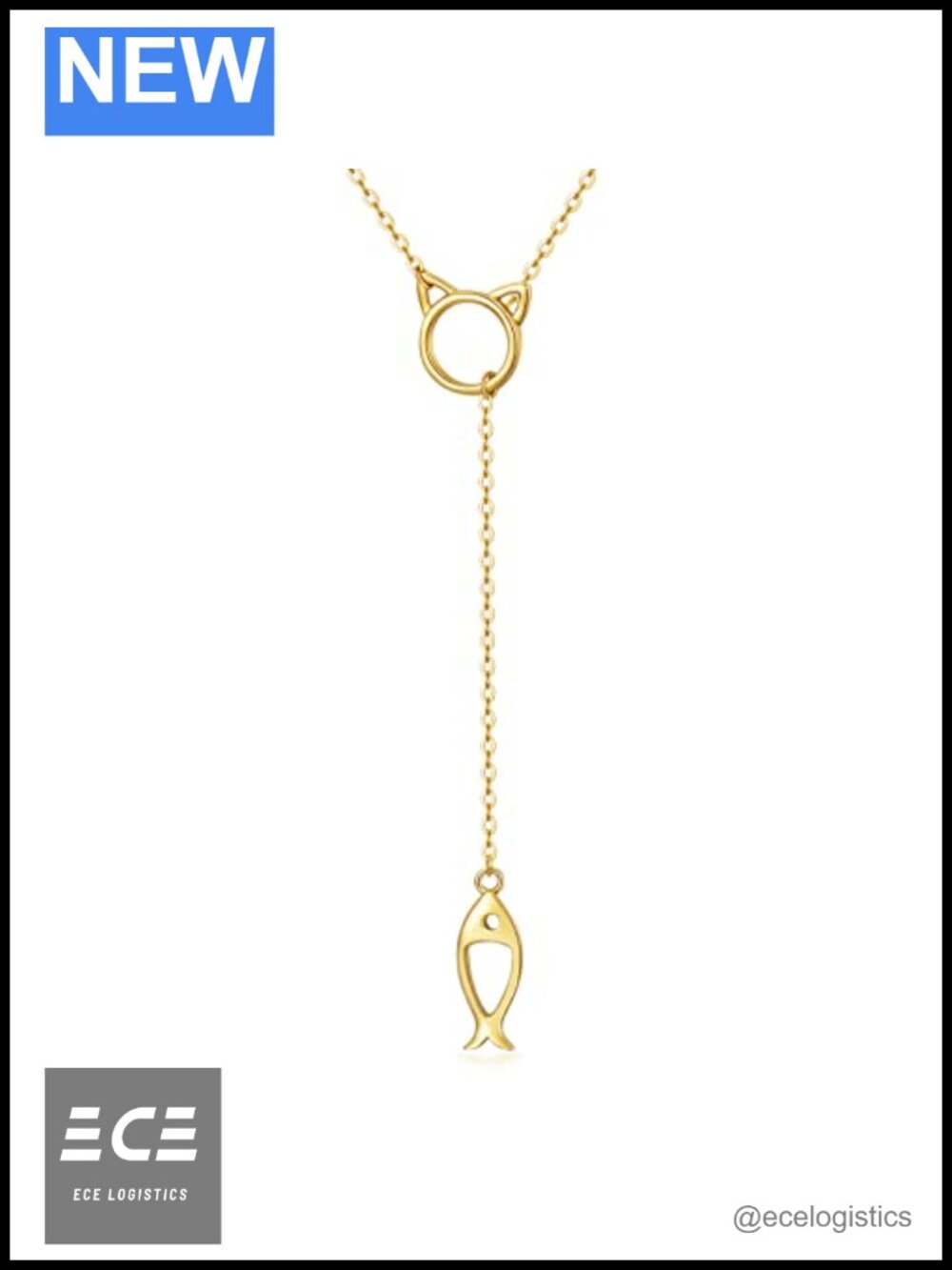 14K Real Gold Cat Fish Pendant Necklace for Women Adjustable Rolo Chain
